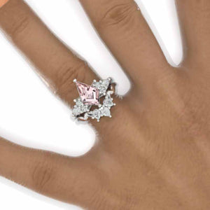  2.5 Carat Kite Genuine Peach Morganite Engagement Ring. 2.5CT Fancy Shape Moissanite Ring Set