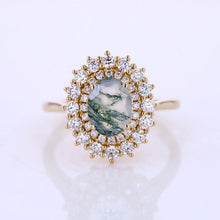 Load image into Gallery viewer, 1 Ct  Double Halo Engagement Ring, Vintage Oval Shape Cut Genuine Moss Agate Engagement Ring, Side Accents Stones 14K Gold

