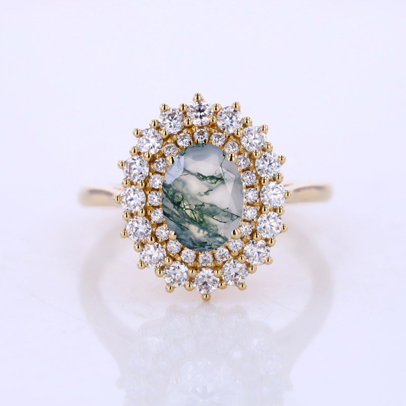1 Ct  Double Halo Engagement Ring, Vintage Oval Shape Cut Genuine Moss Agate Engagement Ring, Side Accents Stones 14K Gold