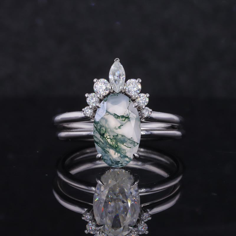 4 Carat Oval Cut Genuine Moss Agate White Gold Engagement Ring Set