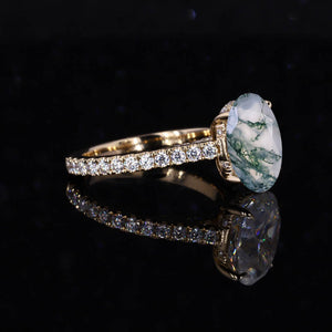 3 Carat Genuine Moss Agate Oval Cut Hidden Halo Rose Gold Engagement  Ring