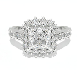 14K White Gold 1.5 Carat Princess Moissanite Halo Engagement Ring