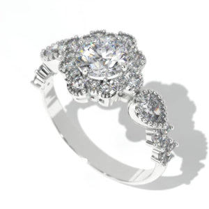 14K White Gold 1 Carat Round  Moissanite Halo Engagement Ring