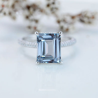 5ct Emerald Shaped Step Cut Aquamarine Ring, 5 Carat Aquamarine Engagement Ring, Natural Aquamarine Pave Accent Stones Hidden Halo Ring