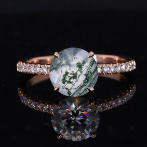 2 Carat Round Hidden Halo Genuine Moss Agate Rose Gold Engagement Ring