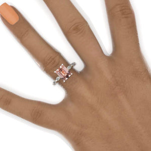 2 Carat 9x7mm Emerald Cut Halo Genuine Peach Morganite White Gold Engagement Ring
