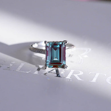 5 Carat Giliarto Emerald Cut Alexandrite Hidden Halo Engagement White Gold Ring