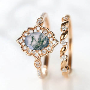 Vintage Oval Genuine Moss Agate Engagement Flower Ring