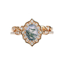 Load image into Gallery viewer, Vintage Oval Genuine Moss Agate Engagement Flower Ring
