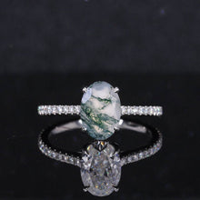 Load image into Gallery viewer, 3 Carat Carat Oval Genuine Moss Agate Ring, Hidden Halo Gold Engagement Ring
