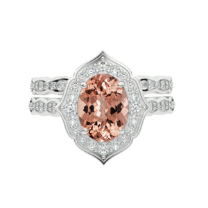 14K White Gold 1.5 Carat Oval Genuine Peach Morganite Halo Engagement Ring Eternity Ring Set