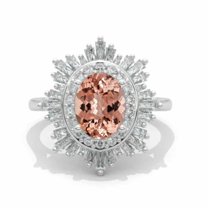 14K White Gold 2 Carat Genuine Peach Morganite Oval Halo Engagement Ring