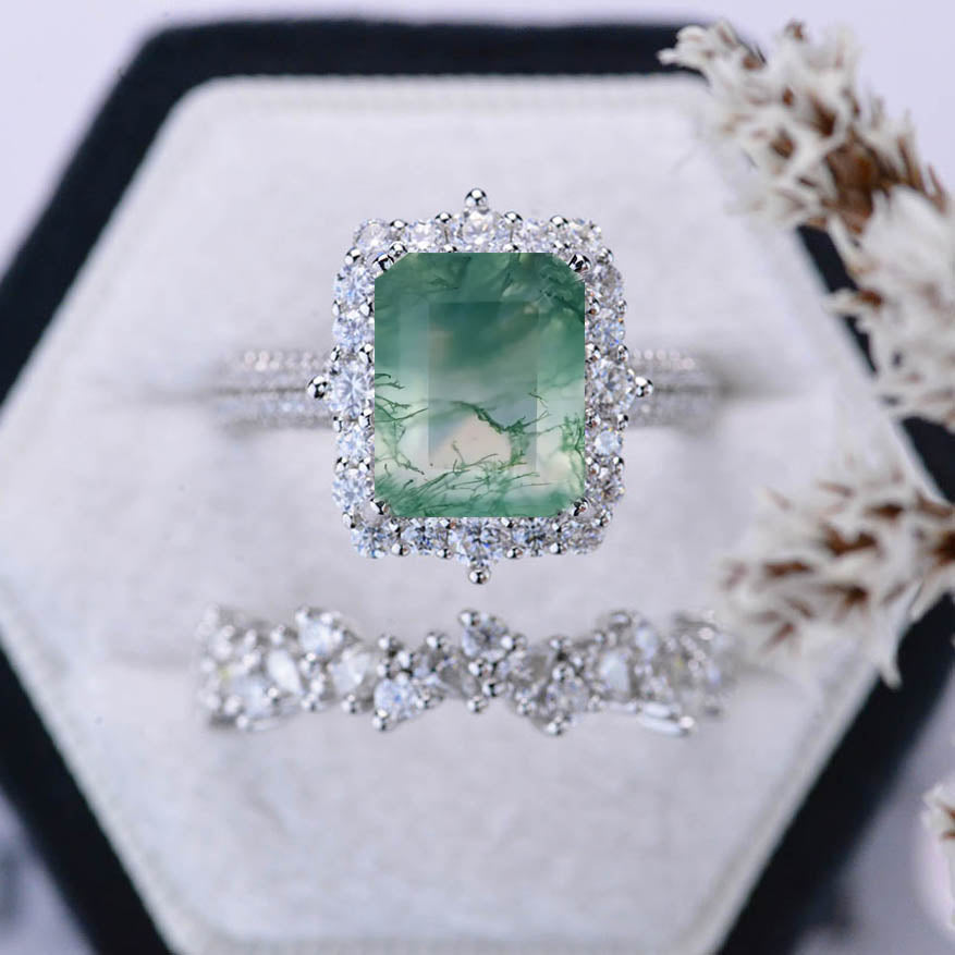 3Ct White Opal Genuine Moss Agate Ring Halo Emerald Cut Opal Engagement Ring, 9x7mm Step Cut White Opal Engagement Ring with Eternity Band