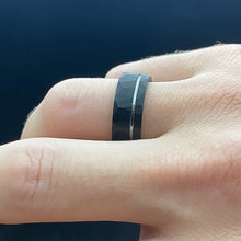 Load image into Gallery viewer, Black Hammered Brushed Tungsten Carbide Ring with Silver Strip
