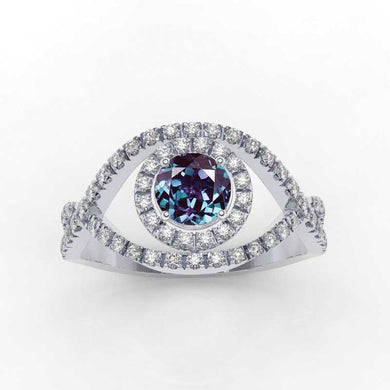 1.0 Carat Alexandrite Halo Engagement Ring I 14K White Gold-66 Accent Stones
