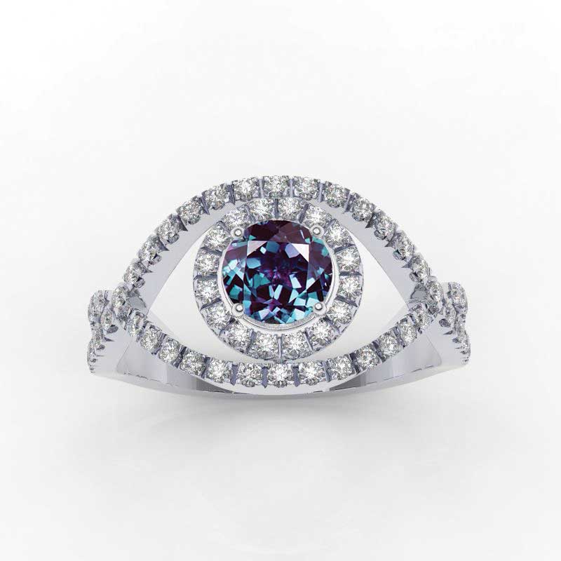 1.0 Carat Alexandrite Halo Engagement Ring I 14K White Gold-66 Accent Stones