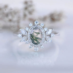 14K White Gold 1.5 Carat Oval Genuine Moss Agate Halo Engagement Ring
