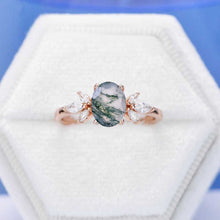 Load image into Gallery viewer, 14K Rose Gold 1.5 Carat Oval Genuine Moss Agate Halo Vintage Engagement Ring
