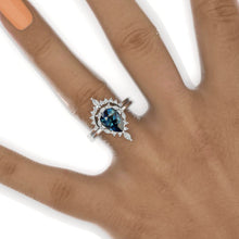 Load image into Gallery viewer, 14K White Gold 1.9 Carat Pear Teal Sapphire Halo Engagement Ring Eternity Ring Set
