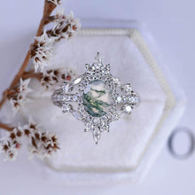 Load image into Gallery viewer, 14K White Gold 2 Carat Oval Genuine Moss Agate Halo Engagement Ring

