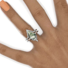 Load image into Gallery viewer, 14K White Gold 4 Carat Kite Genuine Moss Agate Halo Engagement Ring, Eternity Ring Set
