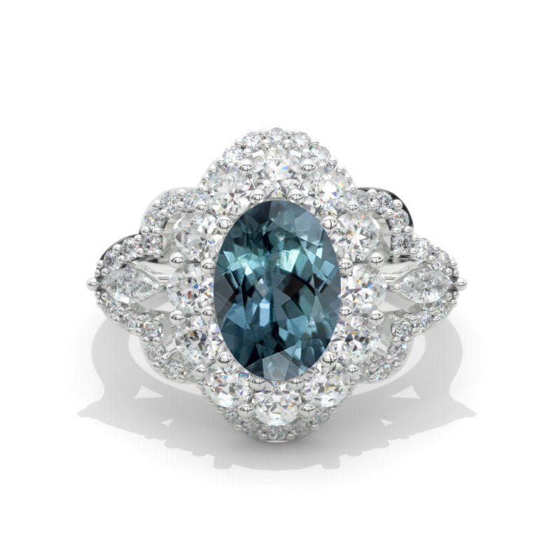 3 Carat Teal Sapphire Oval Cut Halo White Gold Engagement  Ring