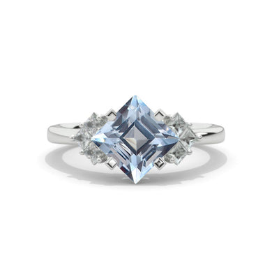 2 Carat Princess Cut Genuine Aquamarine White Gold Halo Engagement Ring