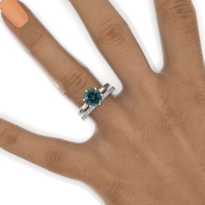 14K White Gold 2 Carat Round Teal Sapphire Floral Engagement Ring, Eternity Ring Set