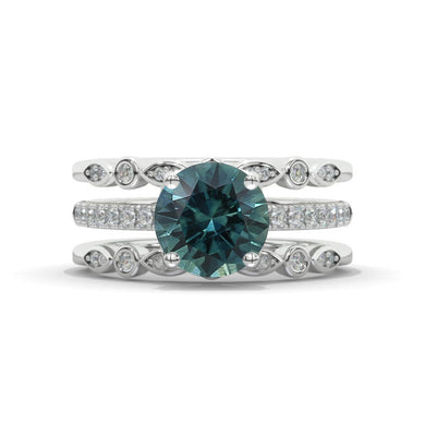 14K White Gold 2 Carat Round Cut Teal Sapphire Engagement Ring Eternity Ring Set