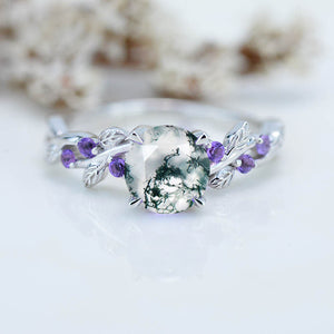 Genuine Moss Agate Floral White Gold Engagement  Ring