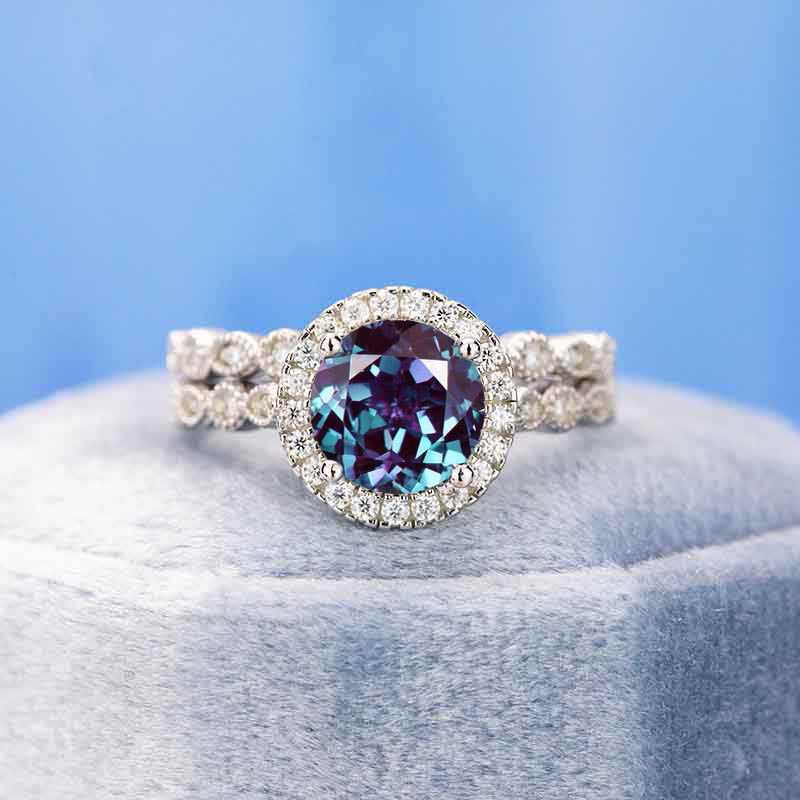 2 Carat Alexandrite Halo Engagement Eternity Two Rings Set