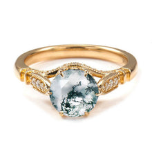 Load image into Gallery viewer, 14K Solid Yellow Gold 1.5CT Round Genuine Moss Agate Solitaire Six Prongs Ring, Vintage Genuine Moss Agate Engagement Ring Anniversary Promise Gold Ring
