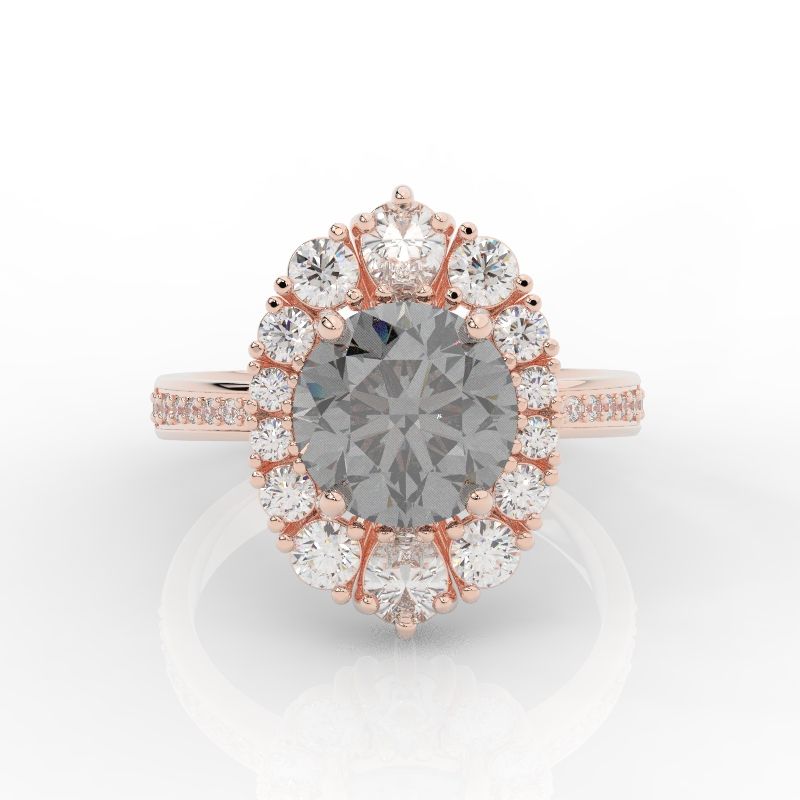 14K Pink Gold 2 Carat Round Gray Moissanite Halo Engagement Ring