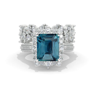 4Ct Teal Sapphire Engagement Ring Halo Radiant Cut Teal Sapphire Engagement Ring, 10x8mm Radiant Cut Teal Sapphire Engagement Ring with Eternity Band
