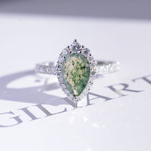 Load image into Gallery viewer, 14K Solid White Gold 2 Carat Genuine Moss Agate Pear Cut Halo  Engagement Ring
