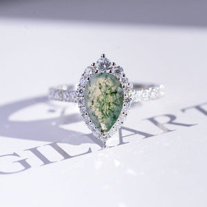 14K Solid White Gold 2 Carat Genuine Moss Agate Pear Cut Halo  Engagement Ring