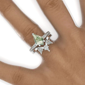 Carat Kite Genuine Moss Agate Engagement Ring. 3CT Fancy Shape Moss Agate Ring Set