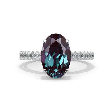 4 Carat Oval Cut Alexandrite Hidden Halo White Gold Engagement Ring