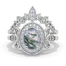 Load image into Gallery viewer, Oval Genuine Moss Agate Halo 14K White Gold  Engagement Ring, Eternity Ring Set

