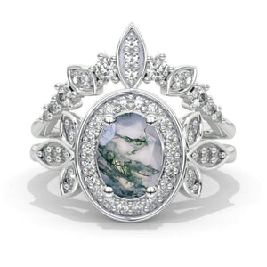 Oval Genuine Moss Agate Halo 14K White Gold  Engagement Ring, Eternity Ring Set