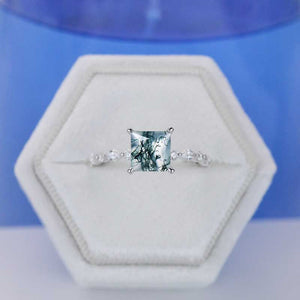 Genuine Moss Agate Princess Cut  White Gold Giliarto Engagement Ring