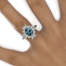 Load image into Gallery viewer, 2CT Oval Halo Teal Sapphire Vintage Wedding Ring. 2 Carat Oval Engagement Ring Anniversary Ring, Baguette Double Halo Ring
