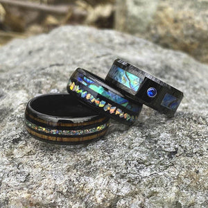 Abalone Shell and Fire Opal Engagement Men's Tungsten Carbide Ring