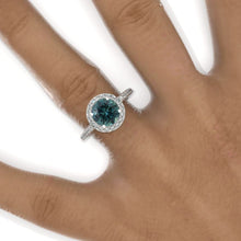 Load image into Gallery viewer, 2 Carat Teal Sapphire Halo Gold Engagement Ring
