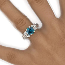 Load image into Gallery viewer, 3 Carat Hexagon Teal Sapphire Floral 14K White Gold Engagement Ring
