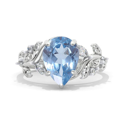 3 Carat Pear Genuine Aquamarine Halo Floral Engagement Ring 14K White Gold Ring