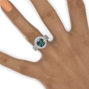 2.5 Carat Cushion Cut Vintage Style Halo Teal Sapphire White Gold Engagement Ring Set