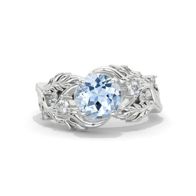 2 Carat Genuine Aquamarine Floral Twig 14K White Gold Engagement Ring