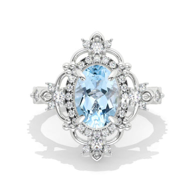3 Carat Oval Genuine Aquamarine Halo Engagement Ring 14K White Gold Ring