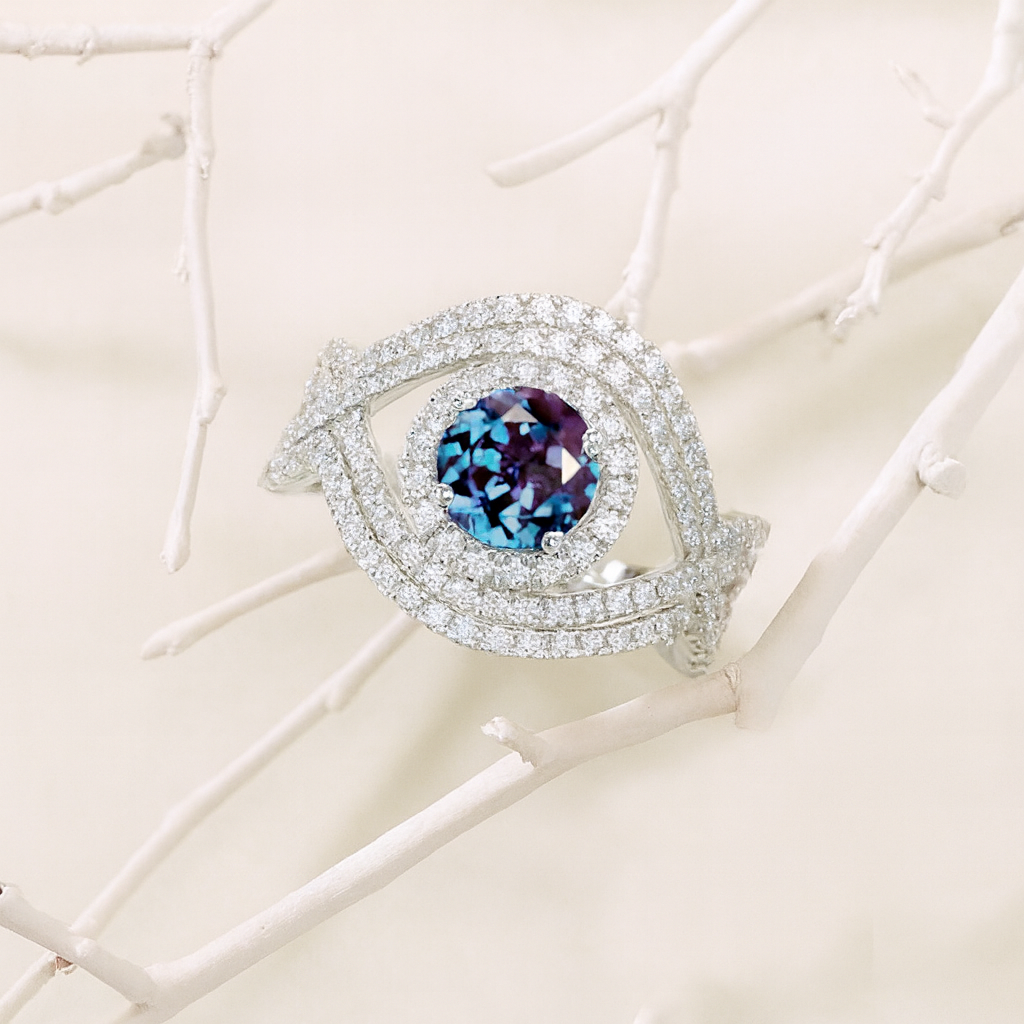 1.0 Carat Alexandrite Halo Engagement Ring  14K White Gold Ring Set